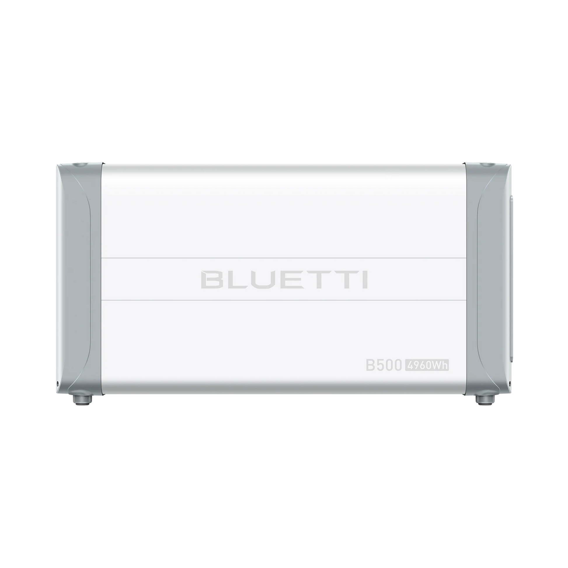 The Bluetti B500 is a rectangular power station with a white body, gray accents, and “BLUETTI” plus “B500 4960Wh” on the front. Ideal for solar energy storage, it features a cord extending from the lower right side.
