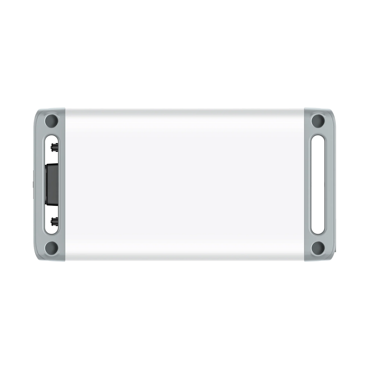 Bluetti rectangular white LED light bar with gray end caps, viewed from above. The left end features a black on/off switch and charging port for the built-in LiFePO₄ battery, while the right end has a matching gray panel.