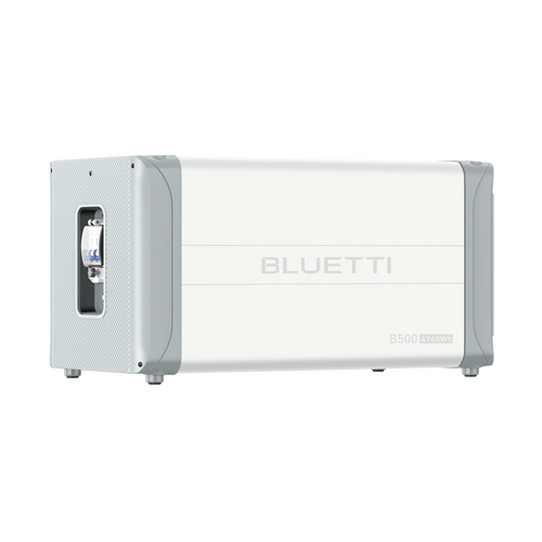 A Bluetti B500 portable power station (4960Wh, LiFePO₄ battery) in rectangular white and gray design with a side handle, shown angled against a white background.