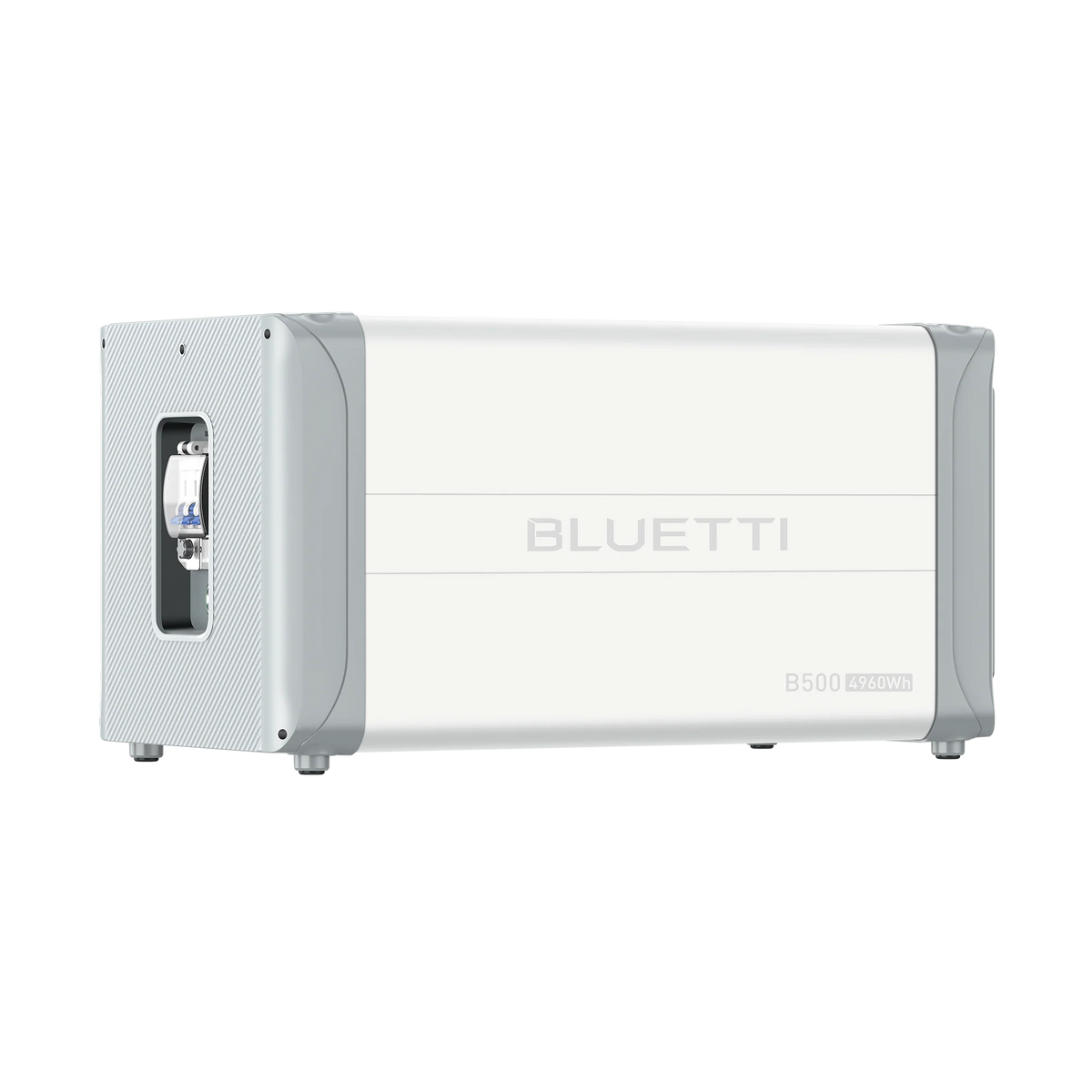 A Bluetti B500 portable power station (4960Wh, LiFePO₄ battery) in rectangular white and gray design with a side handle, shown angled against a white background.