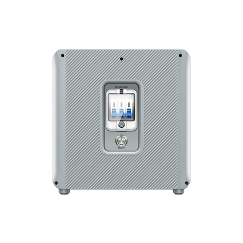A square, silver Bluetti device with a textured surface features a central panel with three blue and white DC BREAKER switches and a round green ON/OFF button, designed for solar energy storage and reliable power control.