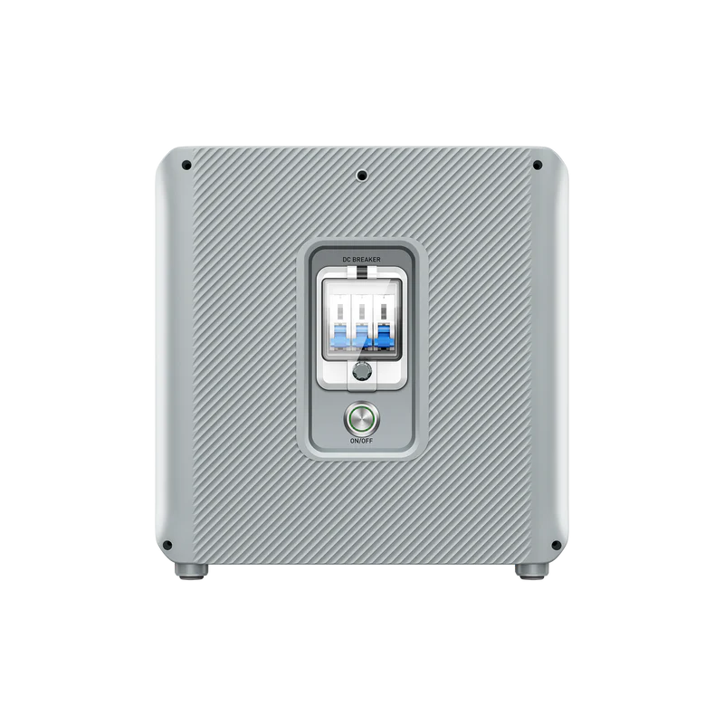 A square, silver Bluetti device with a textured surface features a central panel with three blue and white DC BREAKER switches and a round green ON/OFF button, designed for solar energy storage and reliable power control.