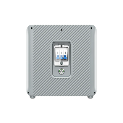 A square, silver Bluetti device with a textured surface features a central panel with three blue and white DC BREAKER switches and a round green ON/OFF button, designed for solar energy storage and reliable power control.