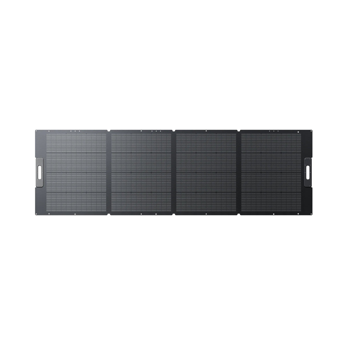 The Bluetti PV350, a foldable four-panel black solar charger with handles on each end, is shown fully extended against a white background—an ideal portable power solution for charging devices anywhere.