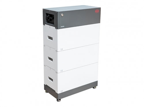 The BYD Battery-Box is a rectangular, modular home battery with a black top featuring connectors and logo, and three stacked white lithium iron phosphate modules below, all on short legs. Its ideal for high-voltage series setups.
