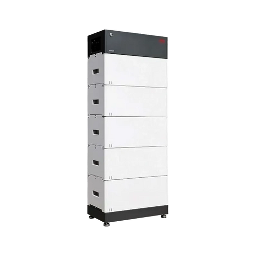 The BYD Battery-Box is a tall, rectangular storage unit with a black top and five stacked white lithium iron phosphate modules, each with handles. It features a modern, industrial design and belongs to BYD’s high-voltage series.