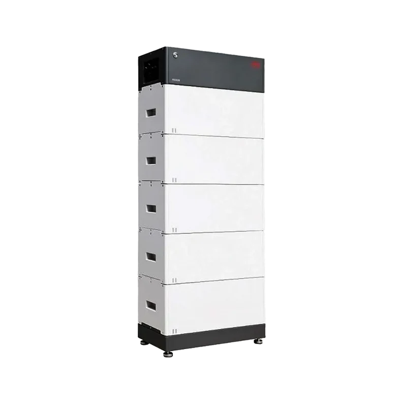 The BYD Battery-Box is a tall, rectangular storage unit with a black top and five stacked white lithium iron phosphate modules, each with handles. It features a modern, industrial design and belongs to BYD’s high-voltage series.