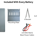 Image showing components included with every UL-certified EG4 battery: 48V energy storage unit, mounting plate, X bracket, six expansion bolts, red and black 1/0 AWG power cables, and a green communication cable.