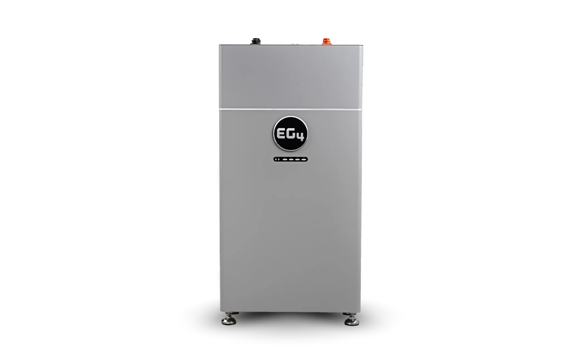 A tall, rectangular silver machine featuring the EG4 brand name in a modern sans-serif font—resembling IBM Plex Sans—is positioned on four small wheels against a plain white background.