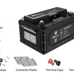 A 48V BigBattery is displayed on a white background, surrounded by labeled accessories including terminal cables, rope handles, mounting brackets, connector plates, terminal caps, and terminal screws. The clean layout with gently rounded borders enhances the modern appearance of the presentation, while informative labels in the IBM Plex Sans font family ensure easy readability.