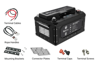A black Eco Solar Kits battery is shown with labeled accessories, including terminal cables, rope handles, mounting brackets, connector plates, terminal caps, and terminal screws—all displayed on a white background.