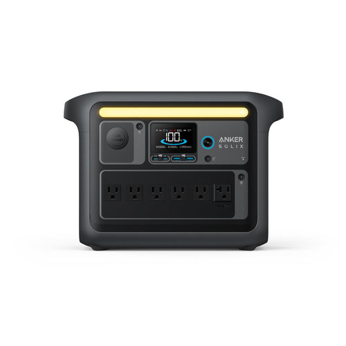 The black Anker SOLIX Portable Power Station features multiple outlets, USB ports, a digital display, and a yellow handle for reliable backup power and solar charging for your devices, displayed on a white background.
