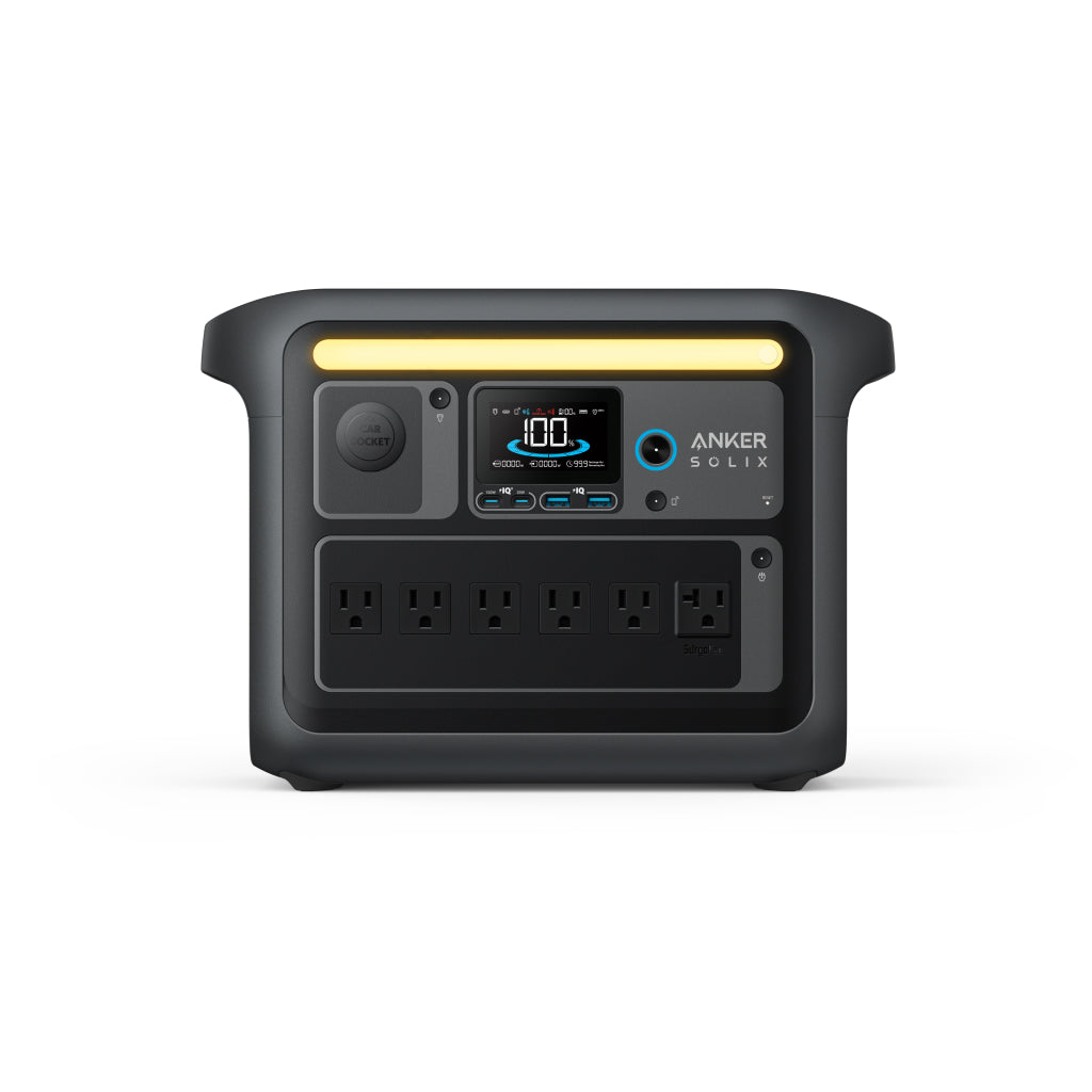The black Anker SOLIX Portable Power Station features multiple outlets, USB ports, a digital display, and a yellow handle for reliable backup power and solar charging for your devices, displayed on a white background.