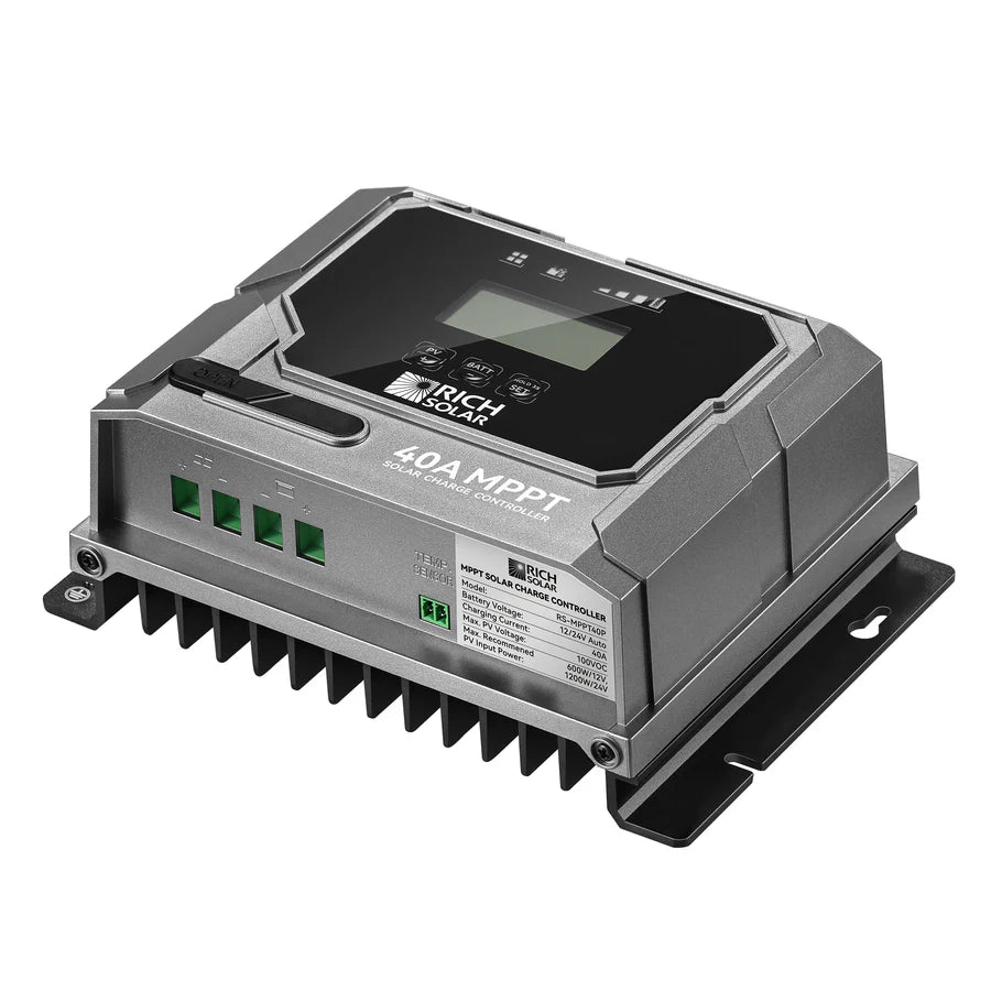 A gray Rich Solar 40A MPPT solar charge controller features a black display, three green terminal ports for easy cable connections, a vented heat sink, and a mounting bracket, shown on a white background.