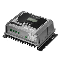 A gray Rich Solar 40A MPPT solar charge controller features a black display, three green terminal ports for easy cable connections, a vented heat sink, and a mounting bracket, shown on a white background.