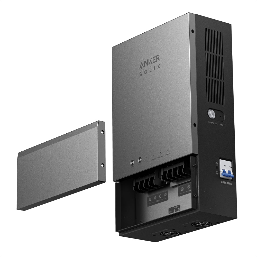 A sleek, gray Anker power inverter is wall-mounted with its front cover removed and displayed to the left, showcasing internal electrical components and ports—perfect for backup power or home panel integration.