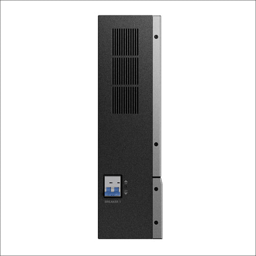 Anker’s black vertical home power panel features ventilation slots near the top and a blue and white circuit breaker switch labeled BREAKER 1 near the bottom, ideal for managing backup power, shown against a white background.
