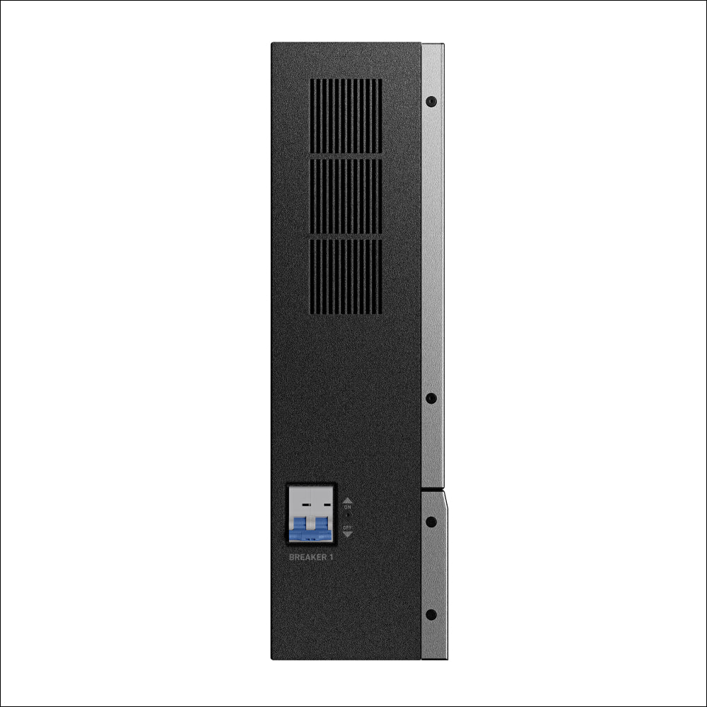 Anker’s black vertical home power panel features ventilation slots near the top and a blue and white circuit breaker switch labeled BREAKER 1 near the bottom, ideal for managing backup power, shown against a white background.
