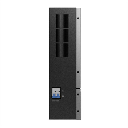 Anker’s black vertical home power panel features ventilation slots near the top and a blue and white circuit breaker switch labeled BREAKER 1 near the bottom, ideal for managing backup power, shown against a white background.