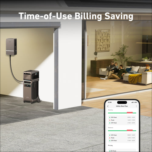 An Anker home energy storage device is installed outside a modern house, storing solar power. Inside, a family relaxes on the couch while a phone in the foreground shows utility rate plans for time-of-use billing savings.