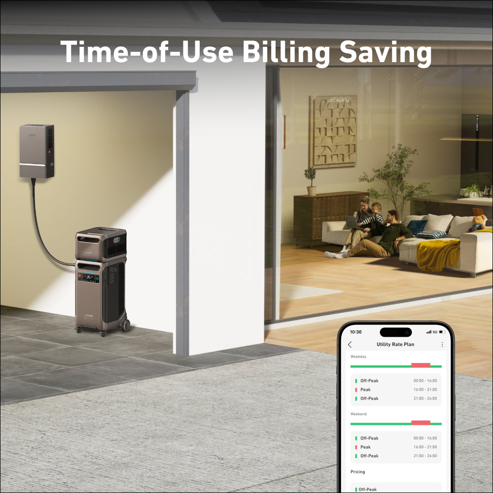 An Anker home energy storage device is installed outside a modern house, storing solar power. Inside, a family relaxes on the couch while a phone in the foreground shows utility rate plans for time-of-use billing savings.