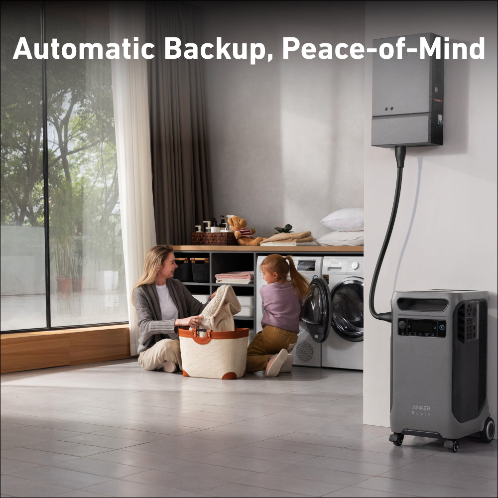 A woman and a young girl sort laundry in a modern room featuring Ankers portable backup power unit, home power panel, and wall-mounted control panel. Large text reads: Automatic Backup, Peace-of-Mind.