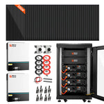 A Rich Solar power system kit with a monocrystalline solar panel, white hybrid inverters, electrical cables, connectors, switches, and a cabinet containing stacked Rich Solar lithium iron phosphate batteries.