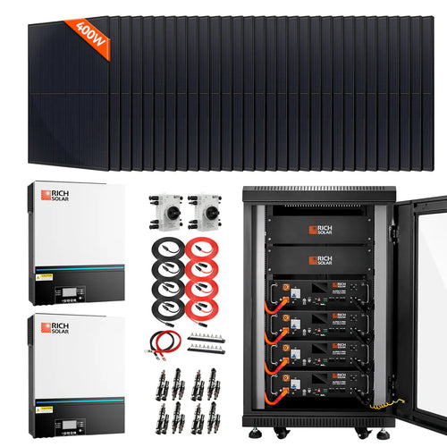 The Rich Solar complete solar power kit includes monocrystalline panels, two hybrid inverters, all needed cables and connectors, plus a battery storage cabinet with four lithium iron phosphate battery units.