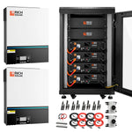 Two Rich Solar hybrid solar inverters and an open cabinet containing four connected lithium iron phosphate battery modules, with cables, connectors, fuses, and mounting hardware neatly arranged in front.