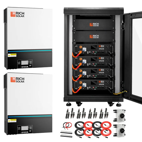 Two Rich Solar hybrid solar inverters and an open cabinet containing four connected lithium iron phosphate battery modules, with cables, connectors, fuses, and mounting hardware neatly arranged in front.