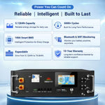 Black power storage unit with digital screen, labeled features include 5.12kWh capacity, 6000+ cycles, smart BMS, Bluetooth & WiFi monitoring, expandable design, and 10-year warranty. Blue and white background. Sorry, there are no relevant SEO keywords to extract; however, the provided product description contains comprehensive details about the unit’s advanced capabilities beyond just CSS styling information.
