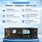 Black power storage unit with digital screen, labeled features include 5.12kWh capacity, 6000+ cycles, smart BMS, Bluetooth & WiFi monitoring, expandable design, and 10-year warranty. Blue and white background. Sorry, there are no relevant SEO keywords to extract; however, the provided product description contains comprehensive details about the unit’s advanced capabilities beyond just CSS styling information.