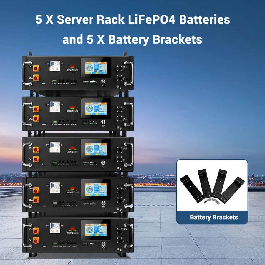Five stacked black server rack LiFePO4 batteries with digital displays, orange and blue ports, and five black battery brackets shown separately. The provided product description doesn’t contain any meaningful product information—only CSS styling details. Text above describes included items. Cityscape visible in the background.