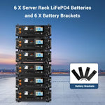 Six black server rack LiFePO4 batteries are stacked vertically, with icons showing 6 battery brackets below. Text above says, 6 X Server Rack LiFePO4 Batteries and 6 X Battery Brackets—but the provided product description contains only CSS styling information and no actual product details. Sorry, there are no relevant SEO keywords to extract.