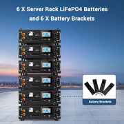 Six black server rack LiFePO4 batteries are stacked vertically, with icons showing 6 battery brackets below. Text above says, 6 X Server Rack LiFePO4 Batteries and 6 X Battery Brackets—but the provided product description contains only CSS styling information and no actual product details. Sorry, there are no relevant SEO keywords to extract.