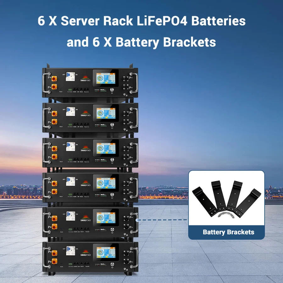 Six black server rack LiFePO4 batteries are stacked outdoors, with a cityscape in the background. A smaller image shows six black battery brackets. Text describes 6 batteries and 6 brackets included; however, this is not an actual product description.