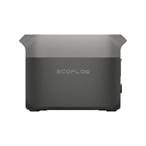 Front view of the Ecoflow portable power station with a sleek, boxy gray design and centered Ecoflow logo—ideal for fast charging and reliable home backup.