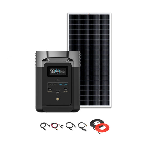 An EcoFlow Delta Max portable power station by Ecoflow, featuring a display screen, is shown with a large solar panel behind it and various charging cables arranged below on a white background.