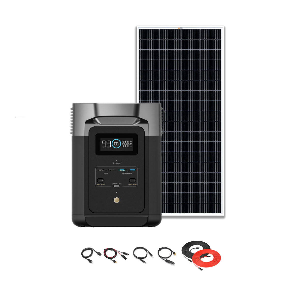 An EcoFlow Delta Max portable power station by Ecoflow, featuring a display screen, is shown with a large solar panel behind it and various charging cables arranged below on a white background.