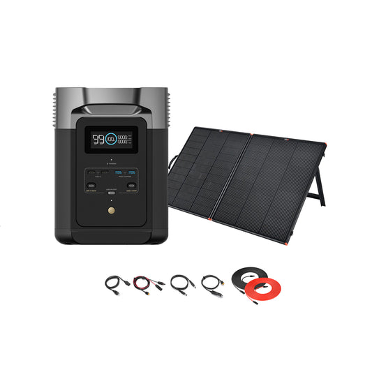 The Ecoflow Delta Max portable power station with a digital display is displayed next to foldable portable solar panels on a stand, with several connecting cables and cords arranged beneath them on a white background.
