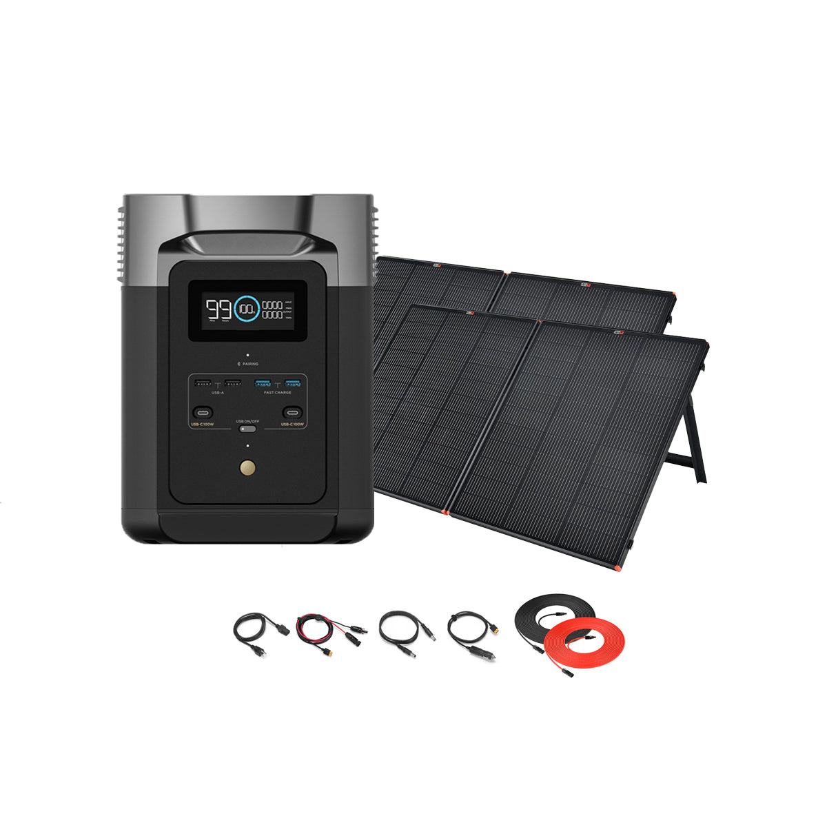 Ecoflow portable power station with digital display sits beside portable solar panels on stands. Below, charging cables and two rolls of wire are neatly arranged—a perfect Ecoflow solar generator setup for power anywhere.