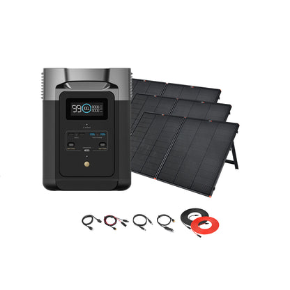 EcoFlow portable power station with digital display, plus four foldable solar panels on stands. Various cables, including red and black wires, are included for charging and connecting the EcoFlow Delta Max solar generator.