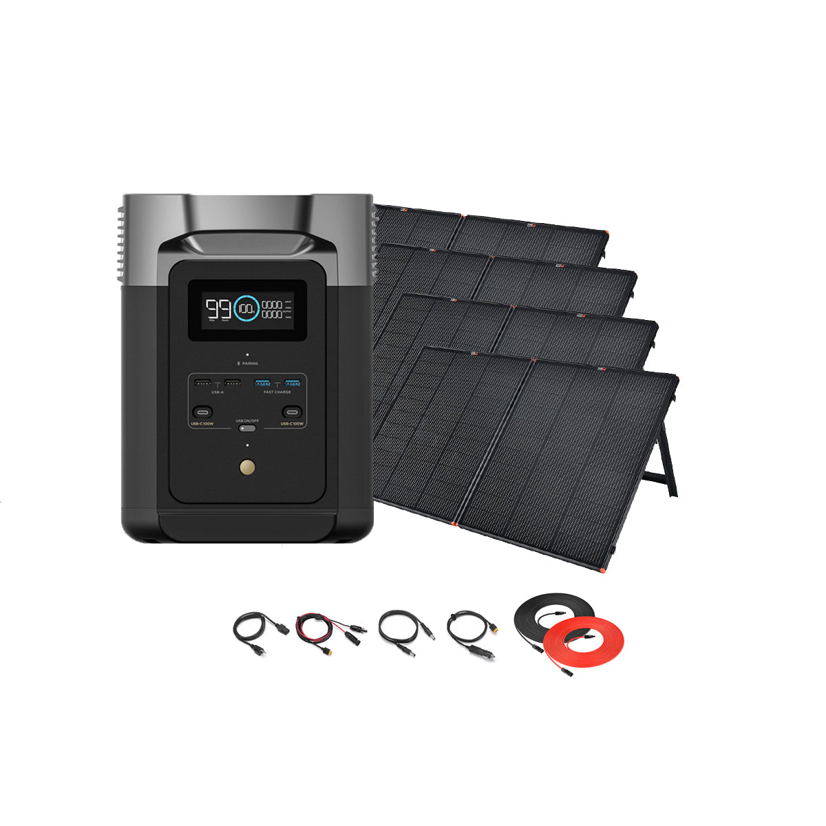 An Ecoflow Delta Max solar generator with a digital display is pictured beside four portable solar panels, along with various charging cables and accessories arranged below them.