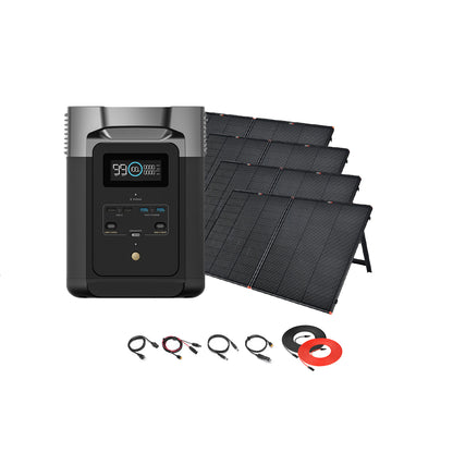 An Ecoflow Delta Max solar generator with a digital display is pictured beside four portable solar panels, along with various charging cables and accessories arranged below them.