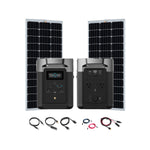 Two large solar panels stand behind two EcoFlow Delta Max power stations. Charging cables and connectors are arranged in front, displaying a complete EcoFlow solar generator kit.