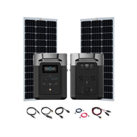 Two large solar panels stand behind two EcoFlow Delta Max power stations. Charging cables and connectors are arranged in front, displaying a complete EcoFlow solar generator kit.
