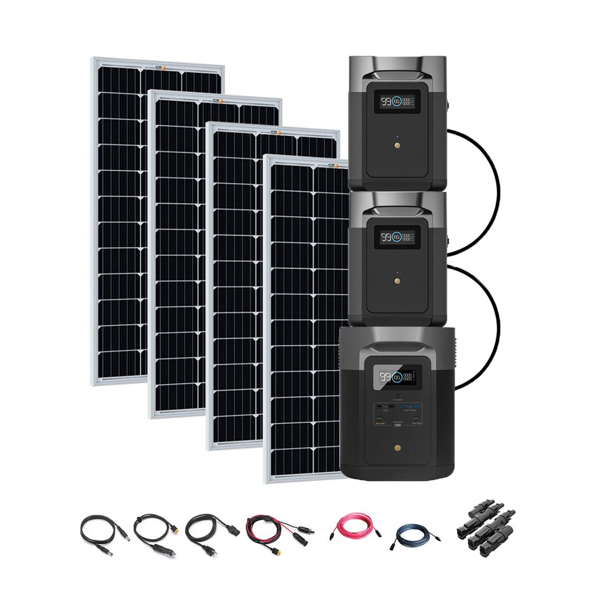 The EcoFlow solar power kit includes four solar panels, two EcoFlow Delta Max generators with digital displays, and a set of connecting cables and adapters arranged below.