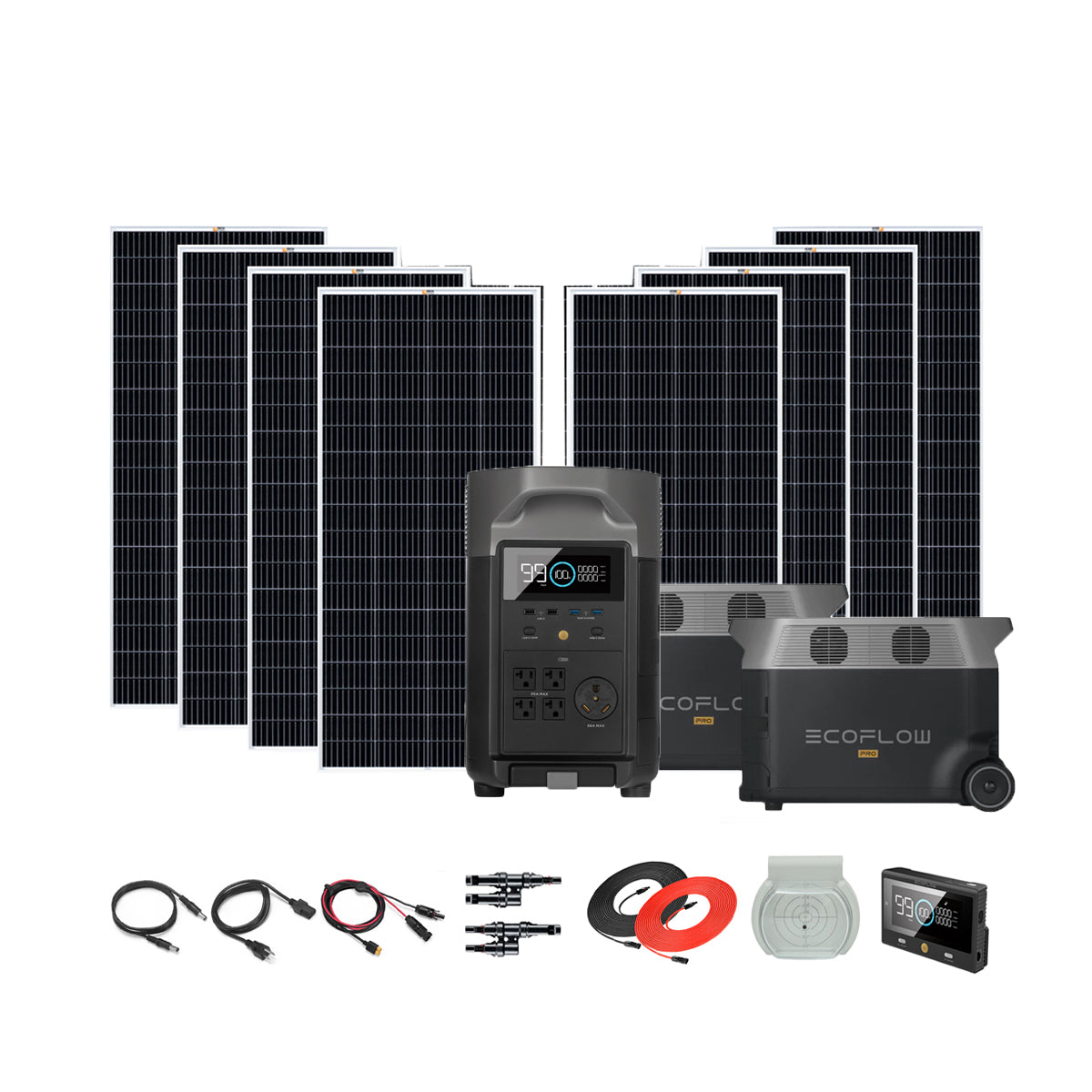 The Ecoflow solar generator kit includes eight rectangular panels, two wheeled Delta Pro stations, a compact power unit, charging cables, connectors, and an accessory with red and black reels—ideal for off-grid power.