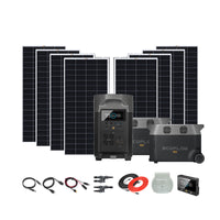 The Ecoflow solar generator kit includes eight rectangular panels, two wheeled Delta Pro stations, a compact power unit, charging cables, connectors, and an accessory with red and black reels—ideal for off-grid power.