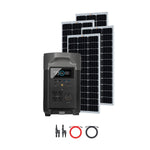 The Ecoflow portable power station, shown with a digital display in front of three solar panels, includes two connection cables and two connector adapters neatly arranged below the unit—making it ideal for solar generator use.